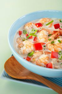 "A tasty soup in the Caribbean or Creole style, with prawns, red capsicum, garlic and green onion in a spicy coconut broth. More soup:-"